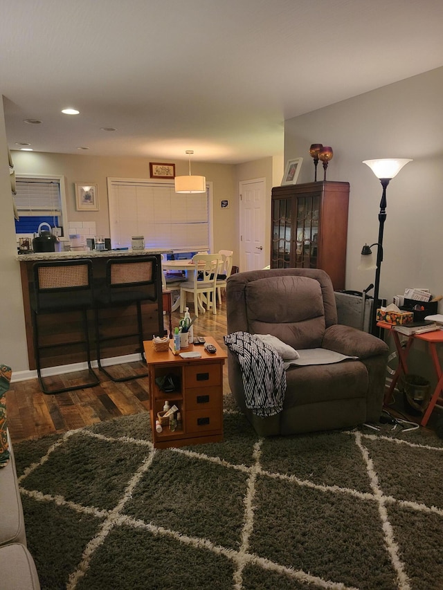 living room featuring dark wood-type flooring