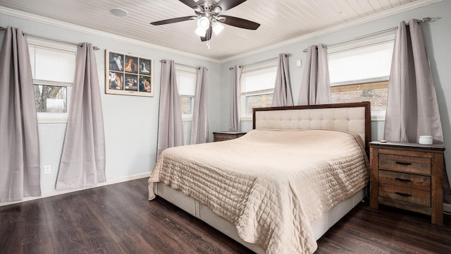 bedroom with ceiling fan, dark hardwood / wood-style flooring, crown molding, and wooden ceiling