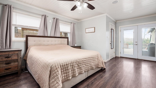 bedroom featuring ceiling fan, french doors, access to outside, and multiple windows