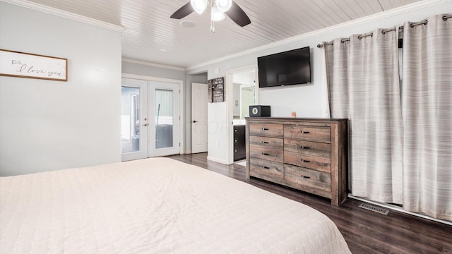 bedroom with access to outside, french doors, crown molding, ceiling fan, and dark hardwood / wood-style floors