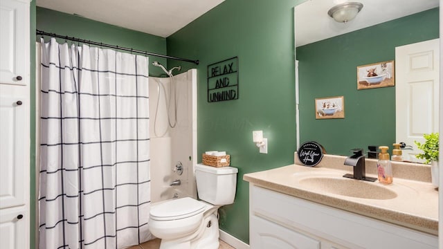 full bathroom with vanity, toilet, and shower / tub combo with curtain