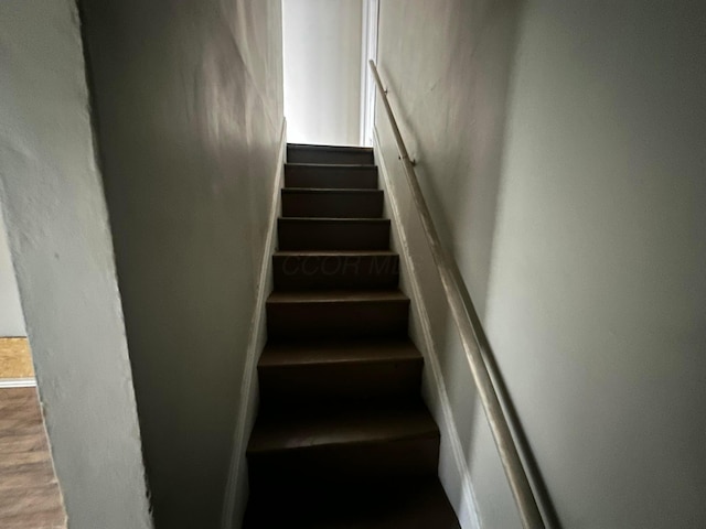 stairs with hardwood / wood-style floors