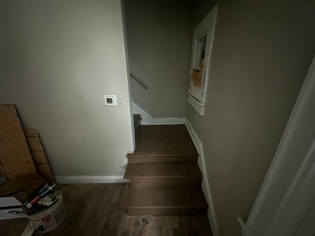 stairs featuring hardwood / wood-style floors