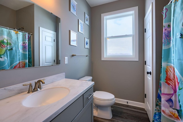 bathroom with vanity, toilet, and hardwood / wood-style floors