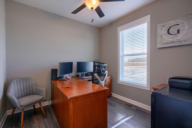 office with dark hardwood / wood-style floors and ceiling fan