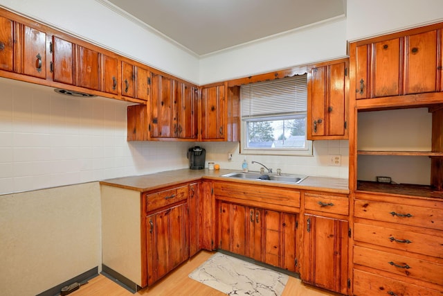 kitchen with backsplash, light hardwood / wood-style flooring, ornamental molding, and sink