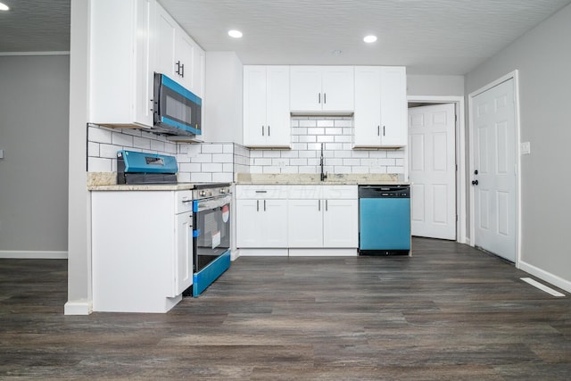 kitchen with white cabinets, stainless steel dishwasher, range with electric stovetop, and dark wood-type flooring