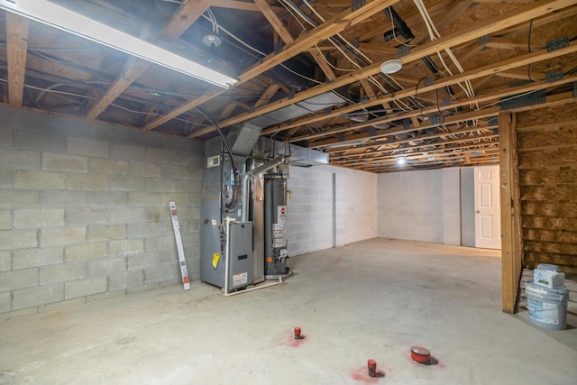 basement with water heater and heating unit