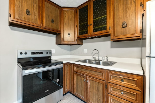 kitchen with electric range, sink, and fridge