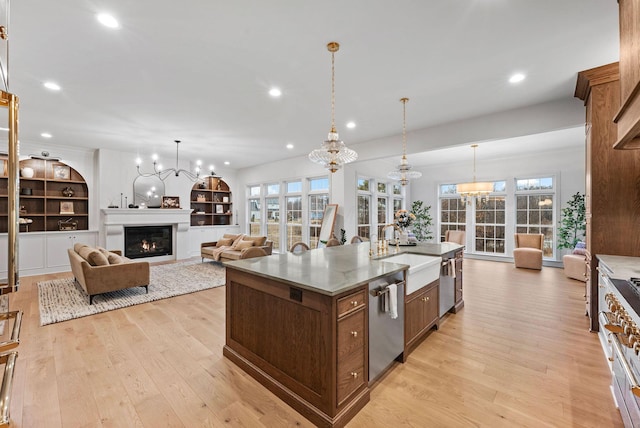 kitchen featuring a warm lit fireplace, appliances with stainless steel finishes, a sink, and light wood-style flooring