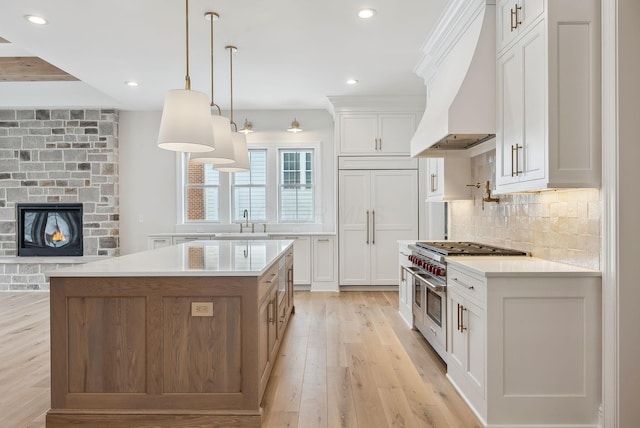 kitchen featuring custom exhaust hood, high end appliances, white cabinetry, and tasteful backsplash