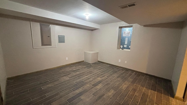 basement featuring baseboards, electric panel, visible vents, and dark wood finished floors