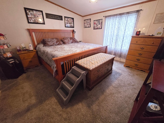 carpeted bedroom featuring lofted ceiling and crown molding