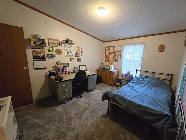 bedroom featuring dark colored carpet, ornamental molding, a textured ceiling, and vaulted ceiling