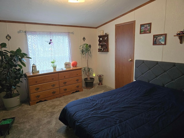 carpeted bedroom featuring a textured ceiling, crown molding, and lofted ceiling