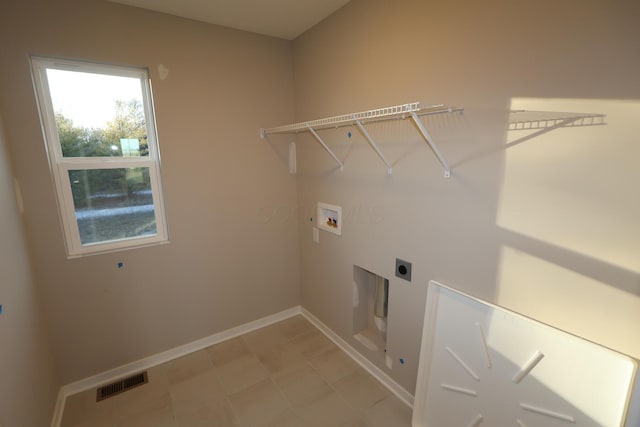 clothes washing area with laundry area, baseboards, visible vents, hookup for a washing machine, and electric dryer hookup