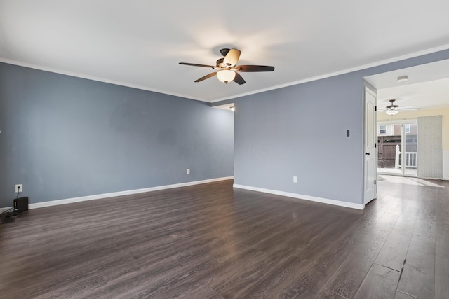 empty room with ceiling fan, baseboards, dark wood finished floors, and ornamental molding