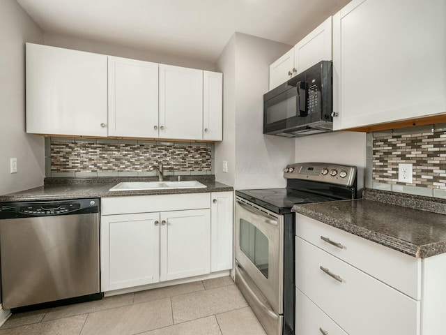 kitchen featuring decorative backsplash, sink, white cabinetry, and stainless steel appliances