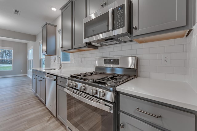 kitchen with light hardwood / wood-style floors, gray cabinets, stainless steel appliances, tasteful backsplash, and sink