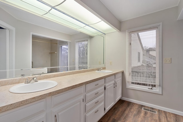 bathroom with hardwood / wood-style flooring and vanity