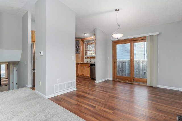 interior space with dark hardwood / wood-style floors and sink