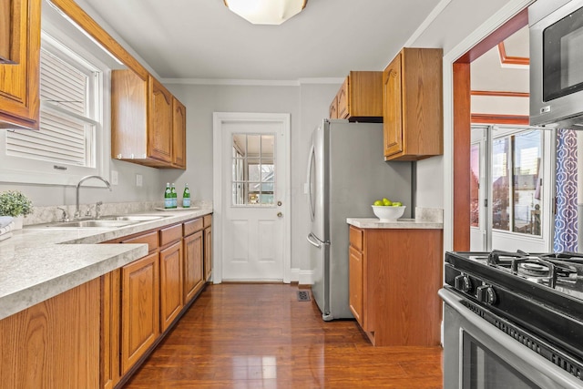 kitchen featuring dark hardwood / wood-style flooring, ornamental molding, sink, and appliances with stainless steel finishes