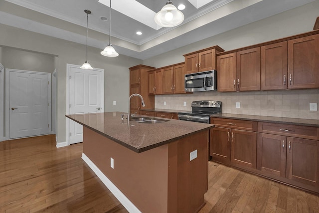 kitchen with sink, a raised ceiling, pendant lighting, stainless steel appliances, and a kitchen island with sink