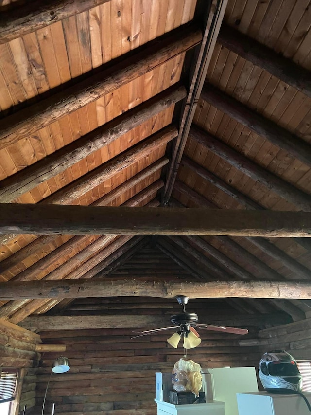 interior details with beam ceiling, ceiling fan, and wooden ceiling