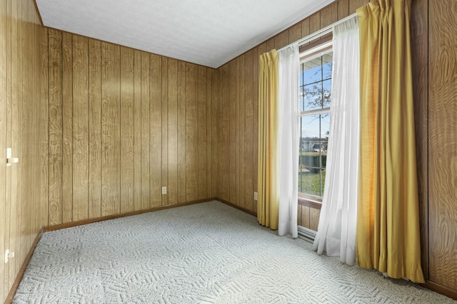 carpeted spare room with wooden walls