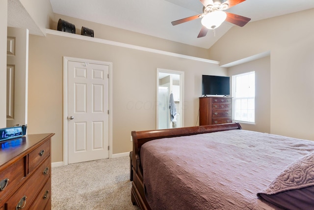 bedroom with lofted ceiling, light colored carpet, ceiling fan, and baseboards