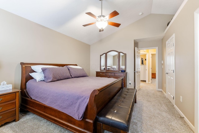 bedroom with a ceiling fan, lofted ceiling, light carpet, and baseboards