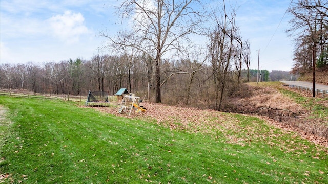 view of yard with a playground and a trampoline