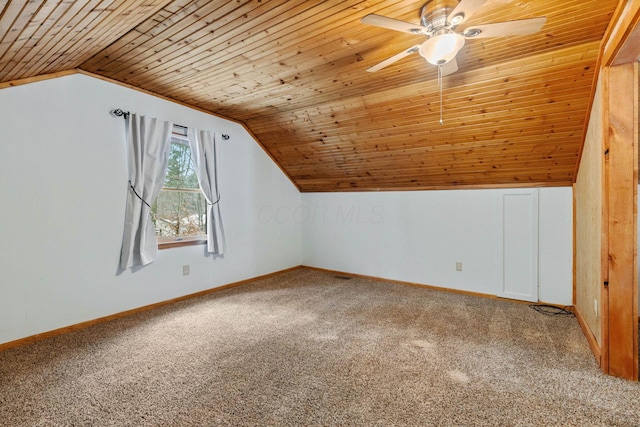 additional living space featuring carpet flooring, vaulted ceiling, ceiling fan, and wooden ceiling