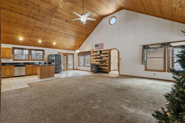 kitchen featuring dishwasher, wooden ceiling, light carpet, high vaulted ceiling, and black fridge with ice dispenser