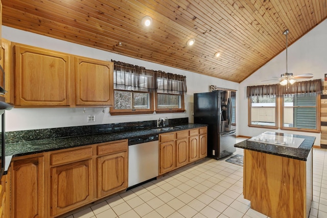 kitchen featuring wooden ceiling, sink, ceiling fan, a kitchen island, and stainless steel appliances