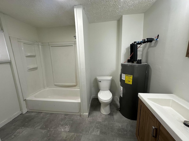 full bathroom with vanity, electric water heater, washtub / shower combination, toilet, and a textured ceiling