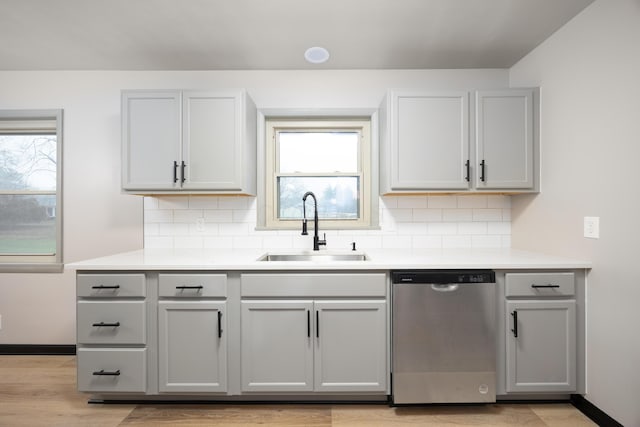 kitchen with sink, light hardwood / wood-style flooring, stainless steel dishwasher, gray cabinets, and decorative backsplash