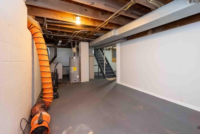 basement featuring electric water heater