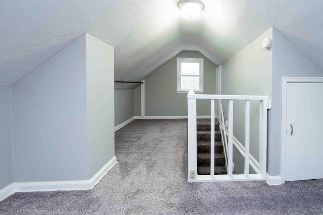 additional living space featuring a textured ceiling, carpet, and lofted ceiling