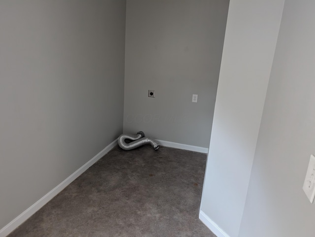 clothes washing area with laundry area, baseboards, dark carpet, and electric dryer hookup