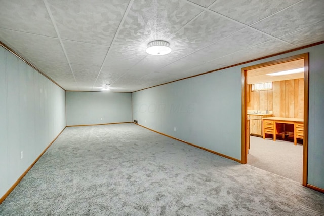 interior space with carpet flooring, wooden walls, and ornamental molding