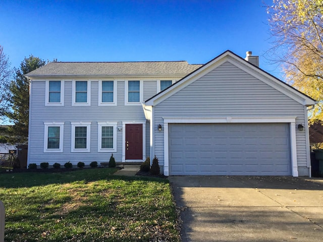 view of front facade featuring an attached garage, a chimney, concrete driveway, and a front yard