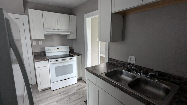 kitchen featuring sink, white cabinetry, white range with electric cooktop, and light hardwood / wood-style flooring