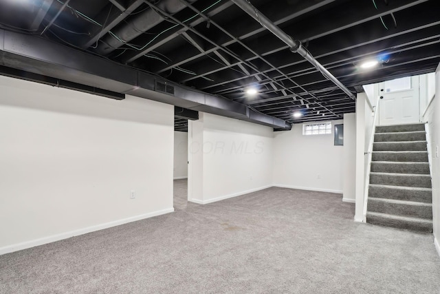 basement featuring electric panel and carpet