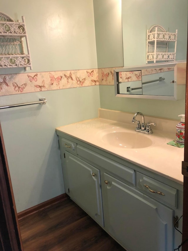 bathroom with hardwood / wood-style floors and vanity