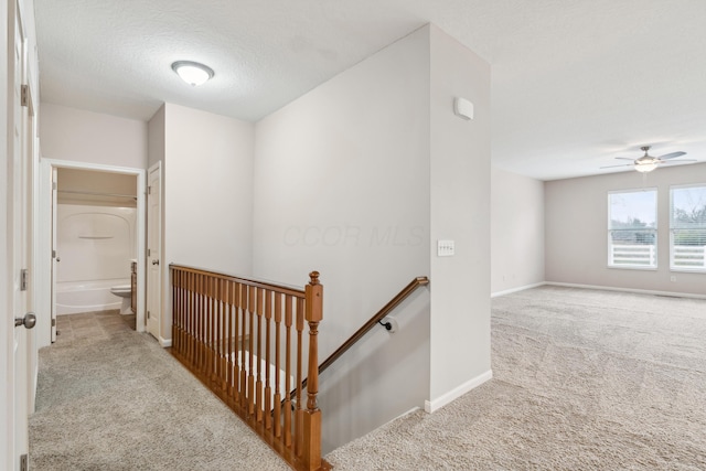 hall with light carpet and a textured ceiling