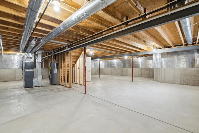 basement with heating unit and water heater