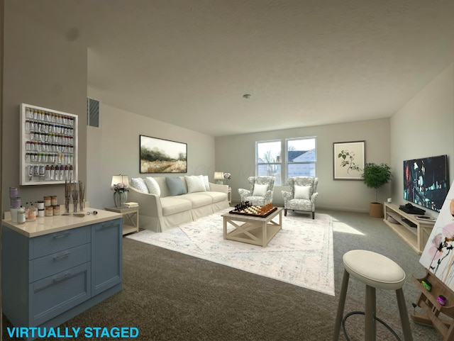 carpeted living room featuring a dry bar and visible vents