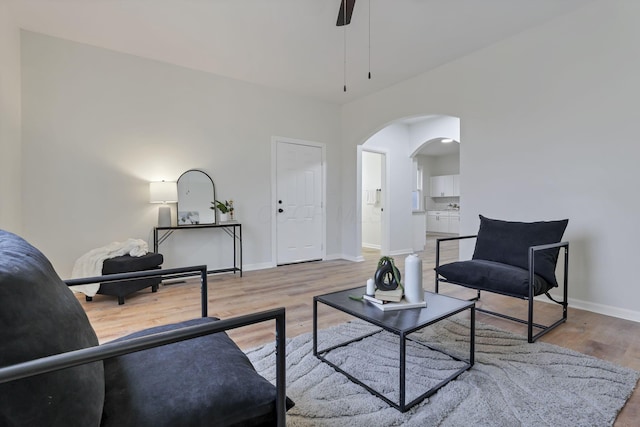 living room with wood-type flooring and ceiling fan