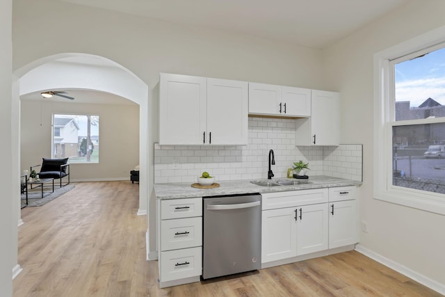 kitchen with stainless steel dishwasher, decorative backsplash, white cabinetry, and sink